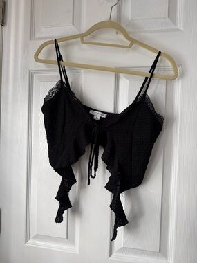 HYFVE Black Ruffle Lace Tie-Front Crop Top